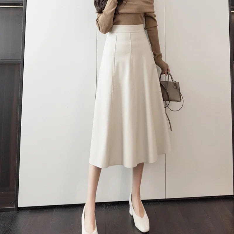 A-line Leather Splicing High Waist For Office Mid-length Female Autumn Winter PU Umbrella Skirt