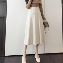 A-line Leather Splicing High Waist For Office Mid-length Female Autumn Winter PU Umbrella Skirt