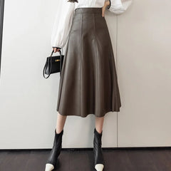 A-line Leather Splicing High Waist For Office Mid-length Female Autumn Winter PU Umbrella Skirt