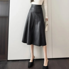 A-line Leather Splicing High Waist For Office Mid-length Female Autumn Winter PU Umbrella Skirt