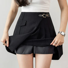 A-line Pleated Mini High Waist Fashionable Asymmetrical Black Short Skirt