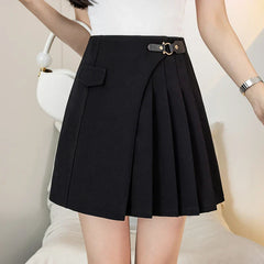 A-line Pleated Mini High Waist Fashionable Asymmetrical Black Short Skirt