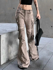 Cargo Flared Jeans Oversize Pocket Low Waist Denim Pants