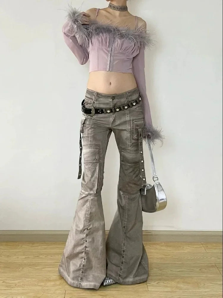 Cargo Flared Jeans Oversize Pocket Low Waist Denim Pants
