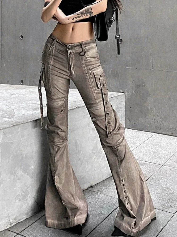 Cargo Flared Jeans Oversize Pocket Low Waist Denim Pants