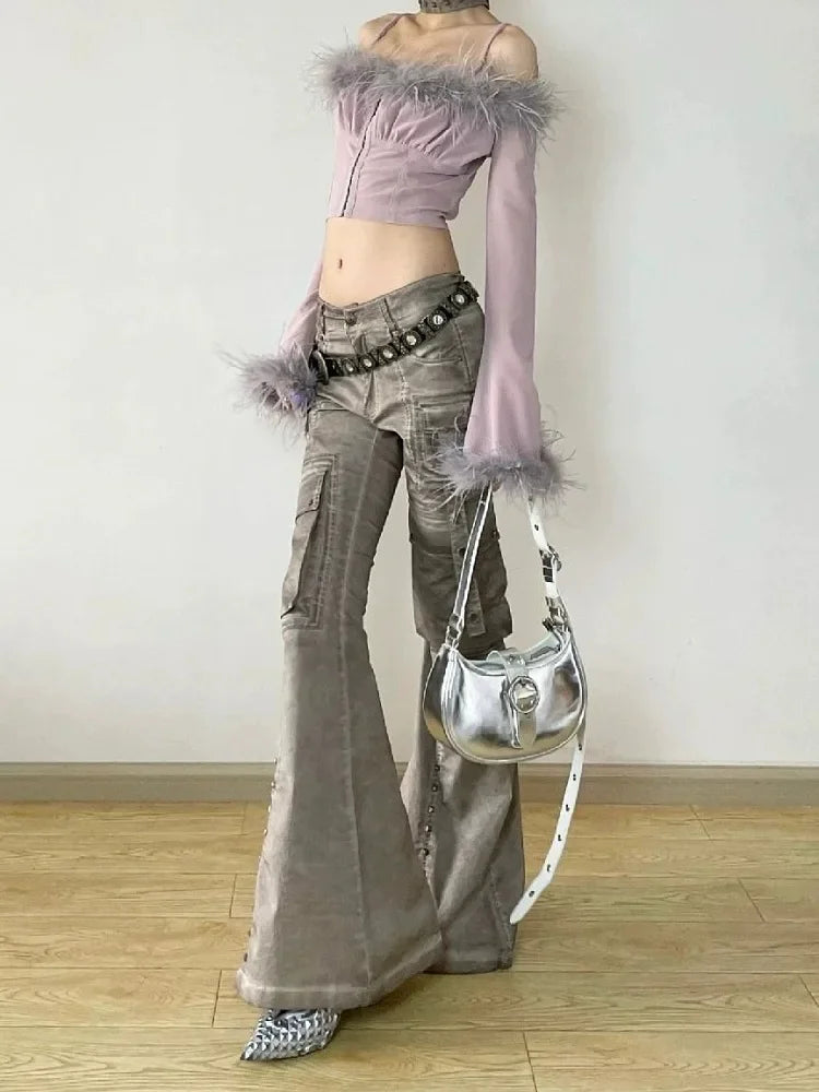 Cargo Flared Jeans Oversize Pocket Low Waist Denim Pants