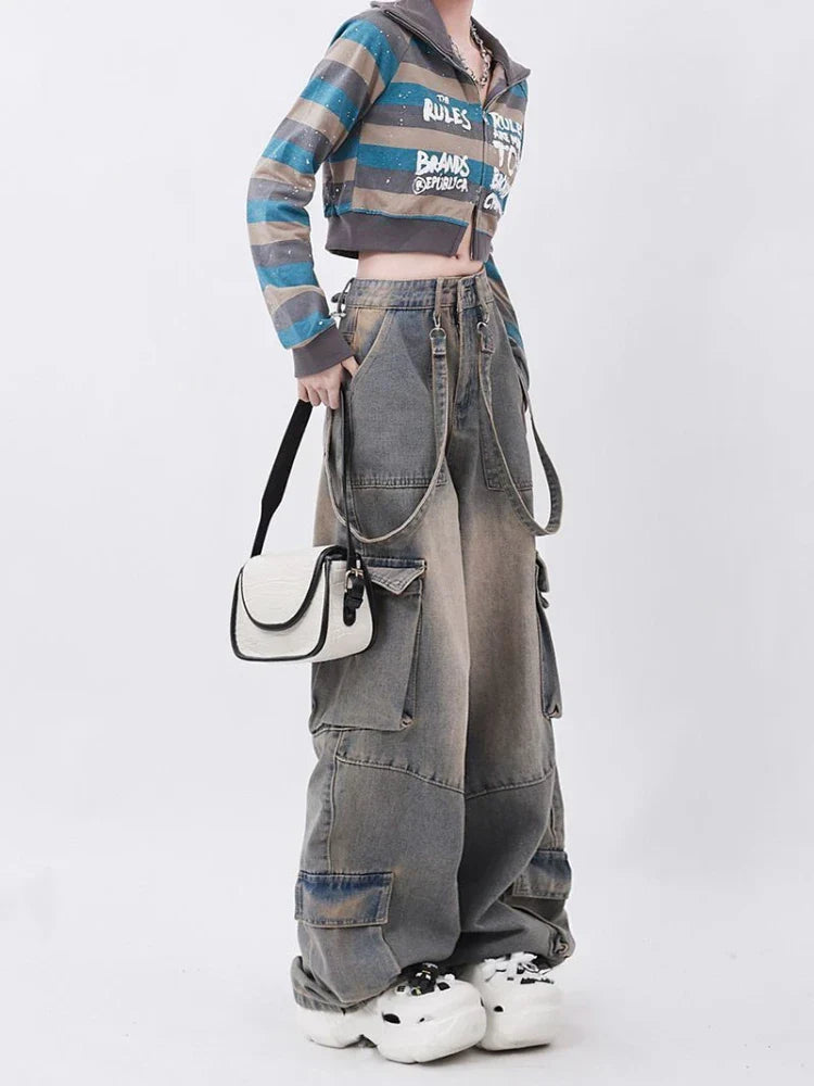 Y2k Vintage Waist Wide Leg Denim Trousers Streetwear Casual Pockets Pants