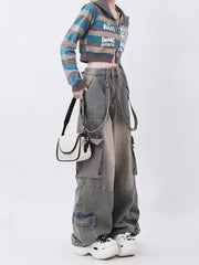 Y2k Vintage Waist Wide Leg Denim Trousers Streetwear Casual Pockets Pants