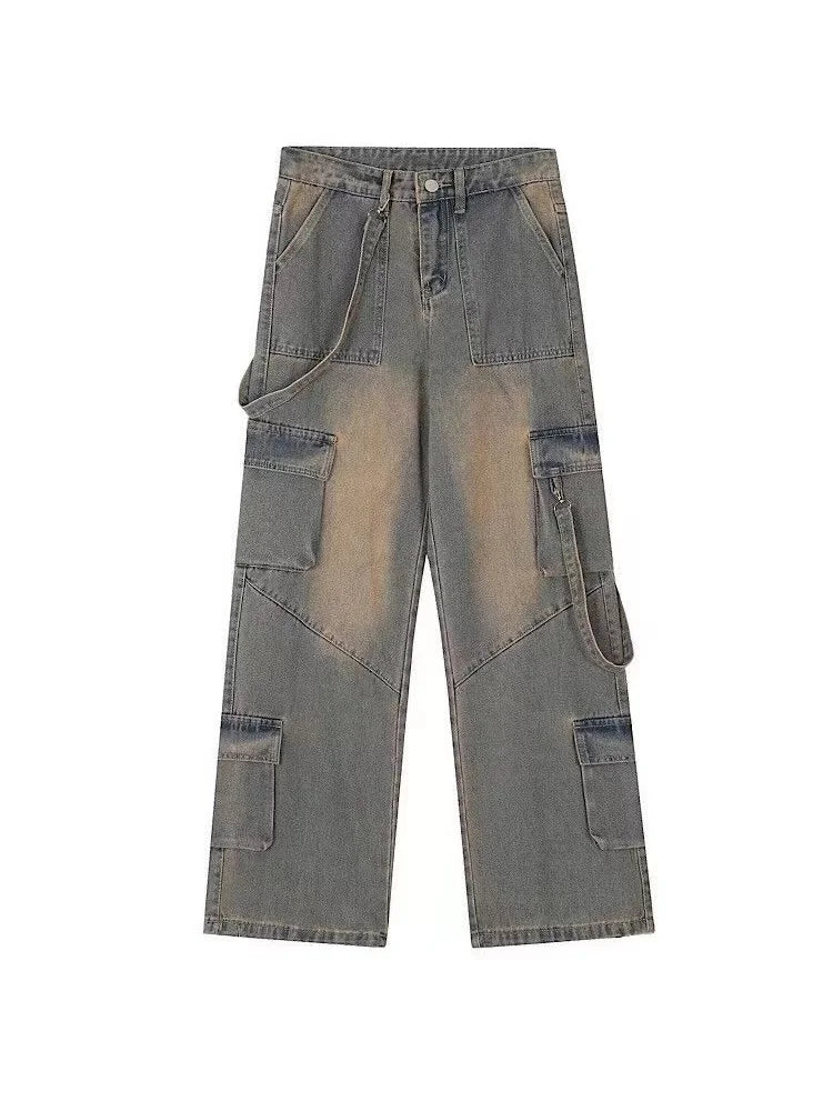 Y2k Vintage Waist Wide Leg Denim Trousers Streetwear Casual Pockets Pants
