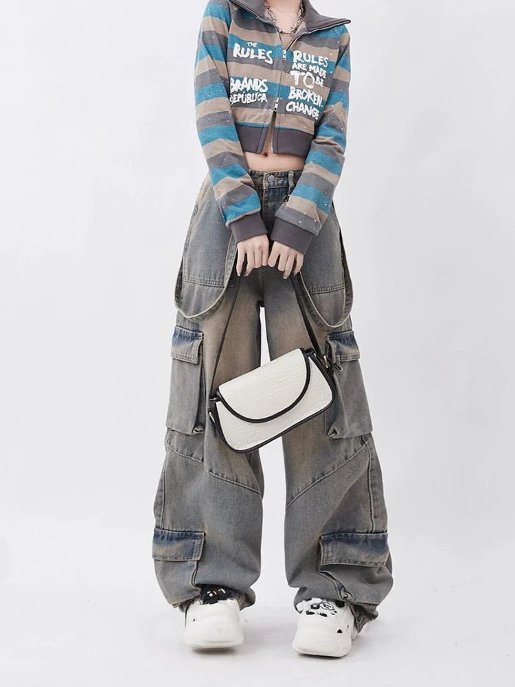Y2k Vintage Waist Wide Leg Denim Trousers Streetwear Casual Pockets Pants