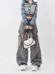 Y2k Vintage Waist Wide Leg Denim Trousers Streetwear Casual Pockets Pants