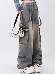 Y2k Vintage Waist Wide Leg Denim Trousers Streetwear Casual Pockets Pants