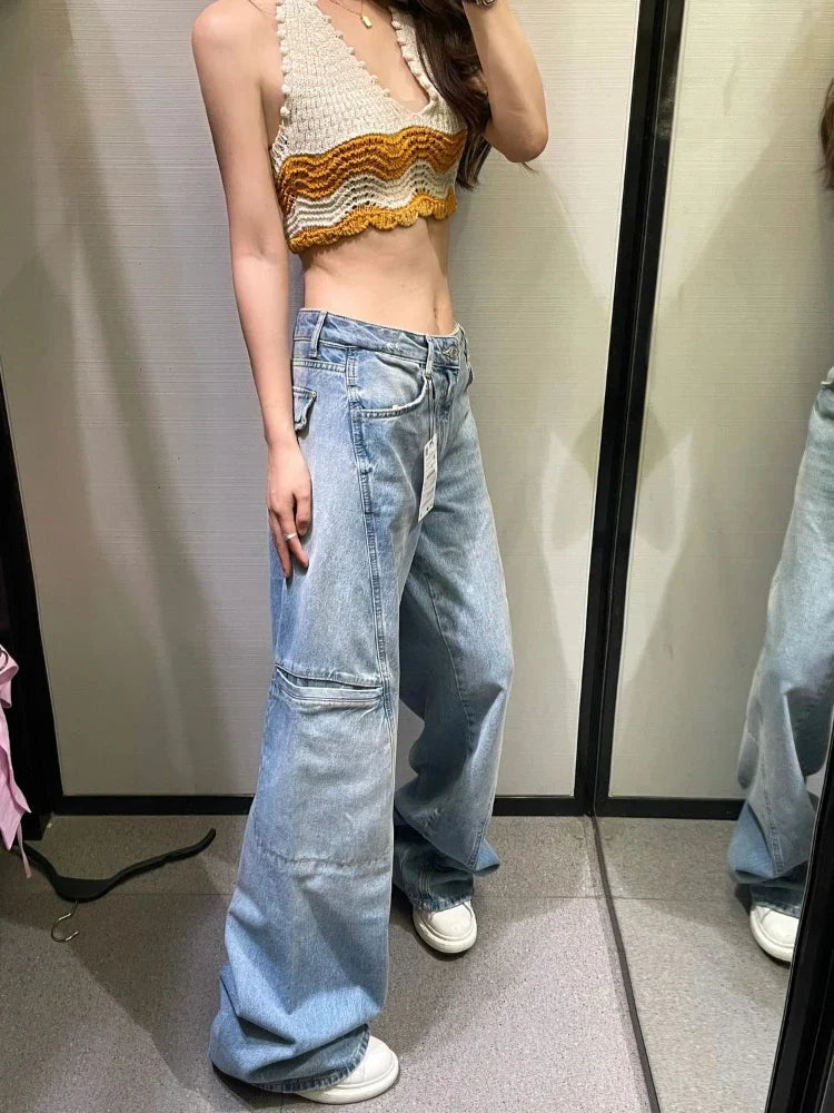 Cargo Jeans Fashion Blue Wide Leg High Waist Denim Pants