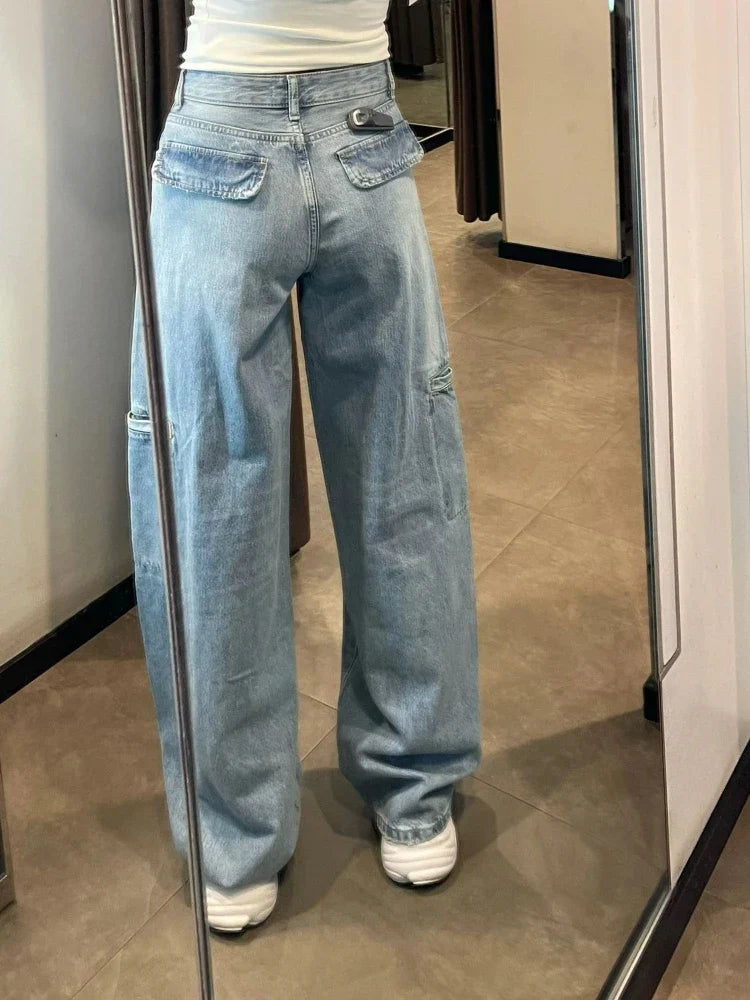 Cargo Jeans Fashion Blue Wide Leg High Waist Denim Pants