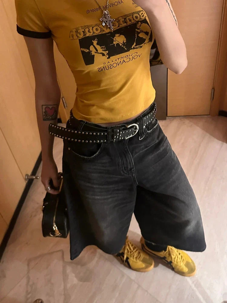 Calf-Length Shorts Jeans Streetwear Vintage Oversize Wide Leg Denim Pants