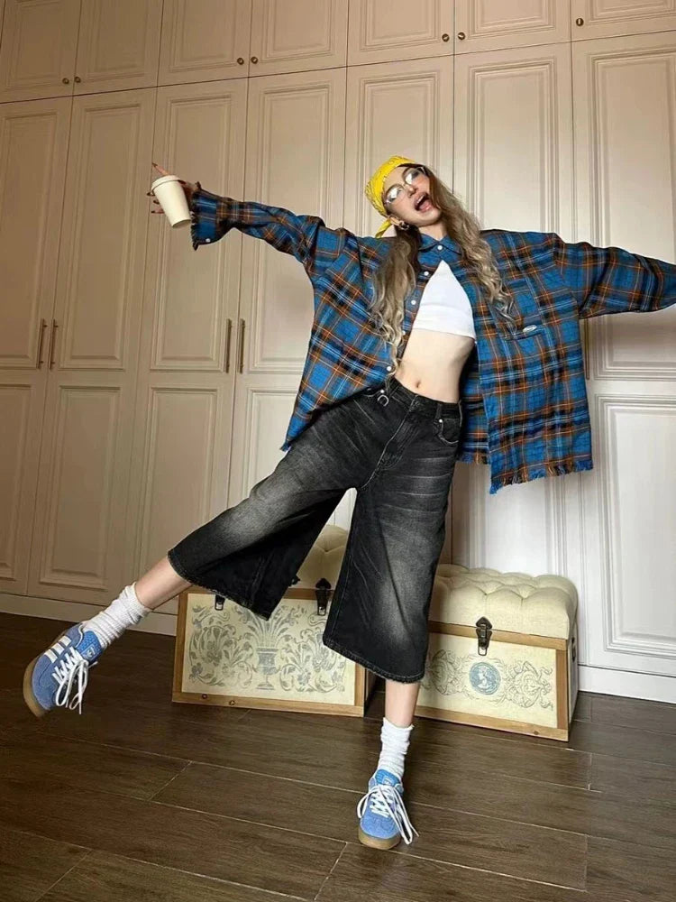 Calf-Length Shorts Jeans Streetwear Vintage Oversize Wide Leg Denim Pants