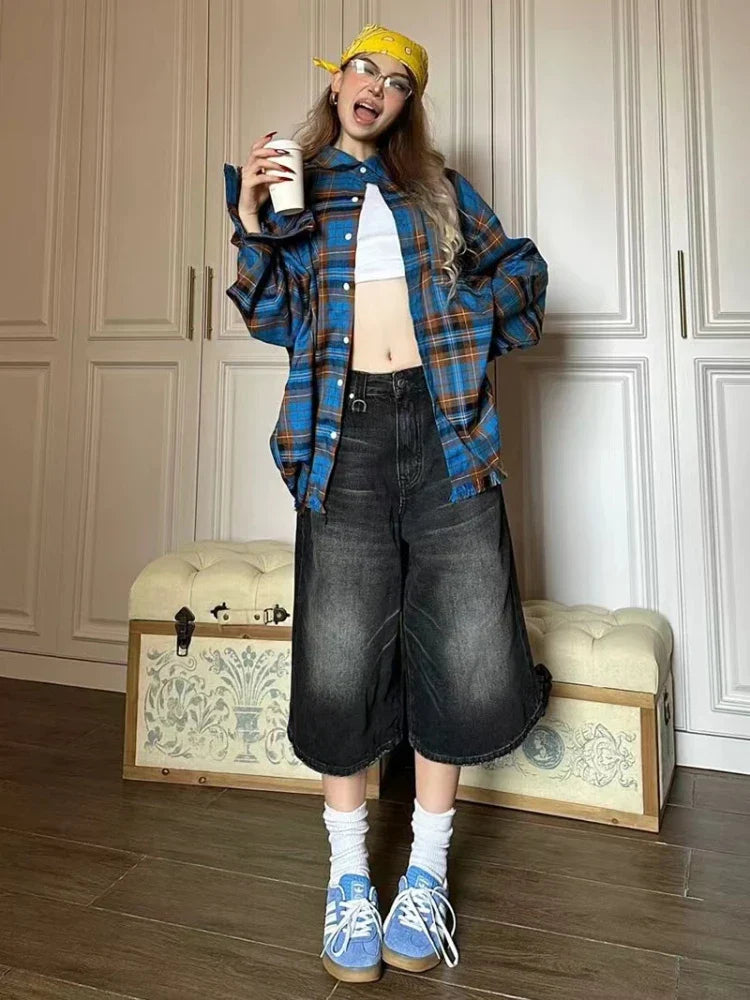 Calf-Length Shorts Jeans Streetwear Vintage Oversize Wide Leg Denim Pants