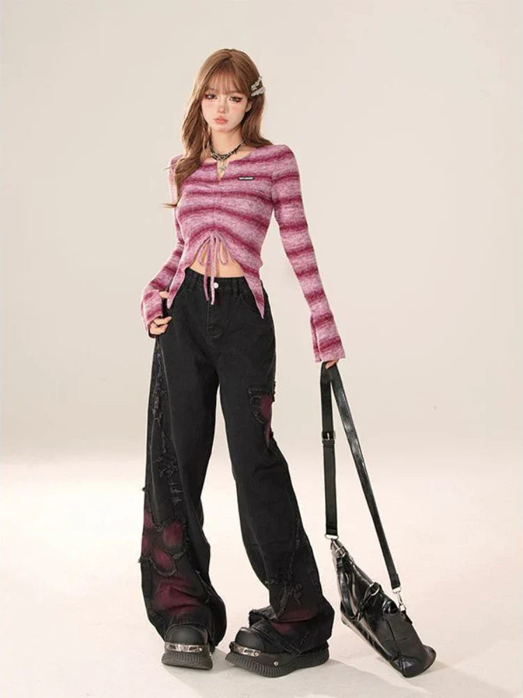 High Waist Jeans Y2k Baggy Butterfly Tie Dye Punk Wide Leg Denim Pants