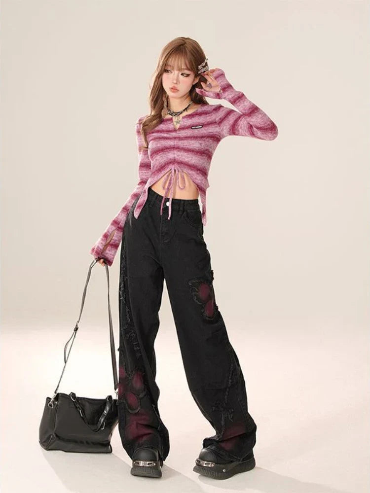 High Waist Jeans Y2k Baggy Butterfly Tie Dye Punk Wide Leg Denim Pants
