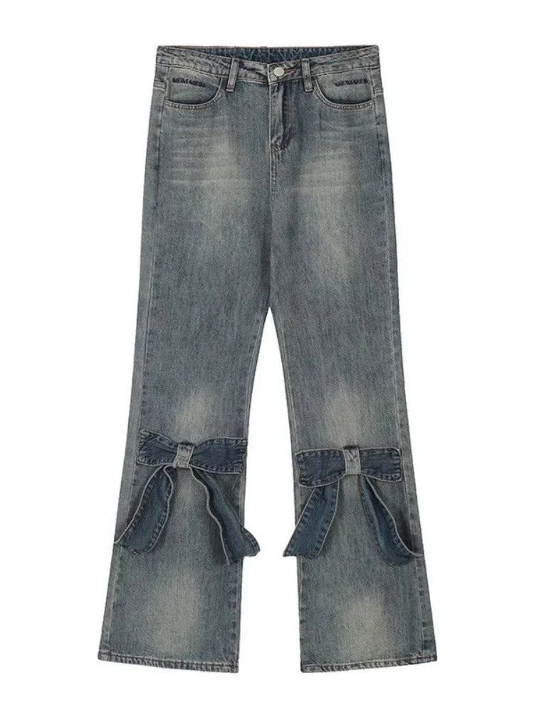 Denim Y2k Loose Bow Straight High Waist Pants Streetwear Wide Leg Pants