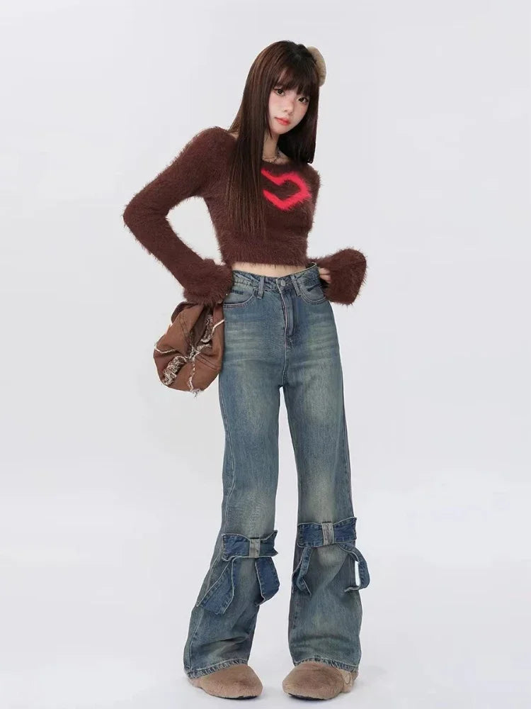 Denim Y2k Loose Bow Straight High Waist Pants Streetwear Wide Leg Pants