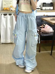Cargo Pants Blue Y2K Loose Pocket Embroidery Wide Leg Sport Pants