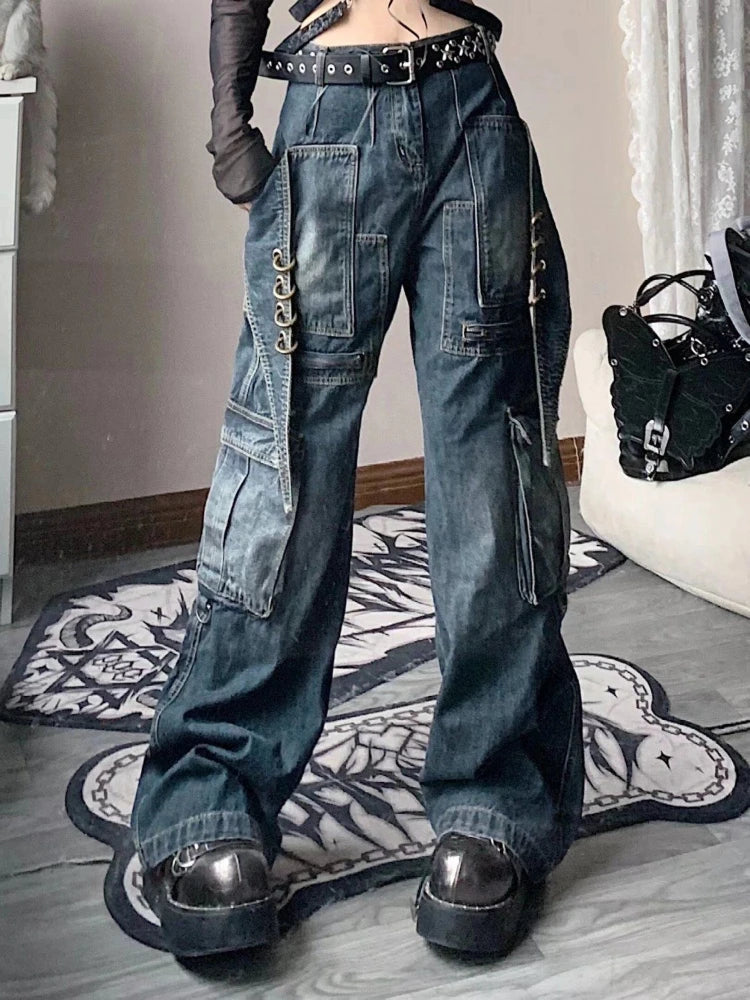 Waist Cargo Jeans Y2k Vintage Loose Zipper Pockets Patchwork Streetwear Pants