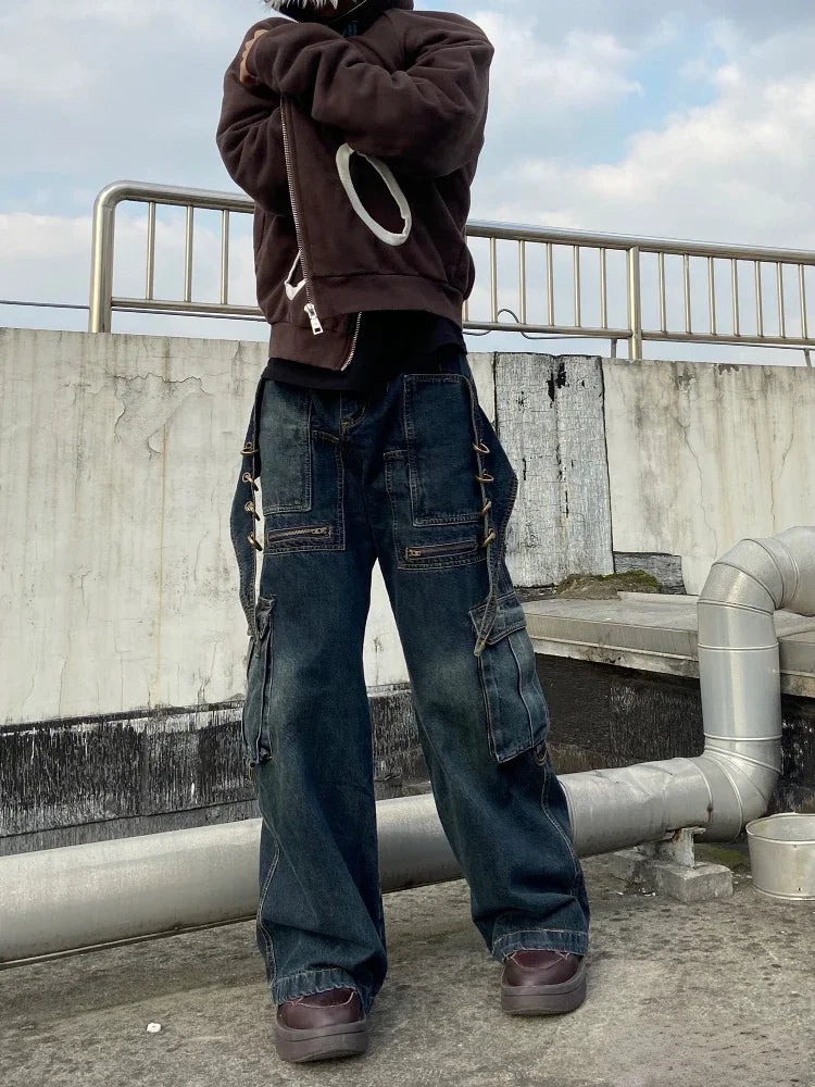 Waist Cargo Jeans Y2k Vintage Loose Zipper Pockets Patchwork Streetwear Pants