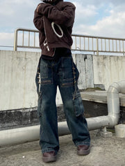Waist Cargo Jeans Y2k Vintage Loose Zipper Pockets Patchwork Streetwear Pants