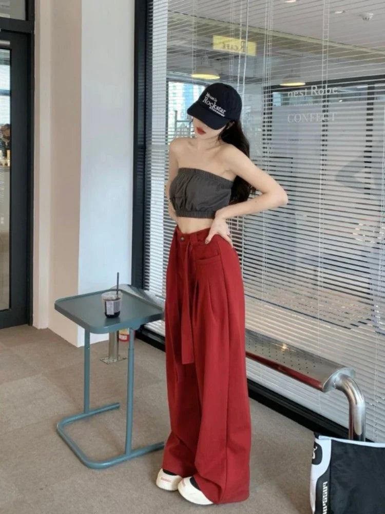 Waist Y2k Baggy Belt Pleated Wide Leg Sport Streetwear Pants