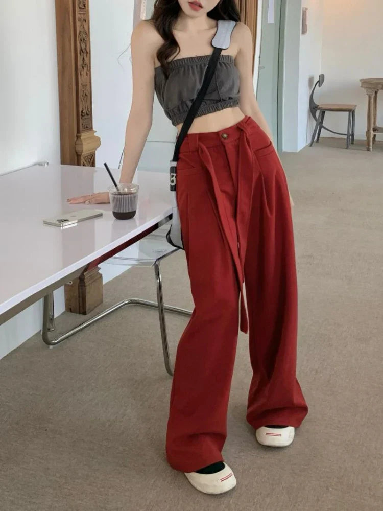 Waist Y2k Baggy Belt Pleated Wide Leg Sport Streetwear Pants