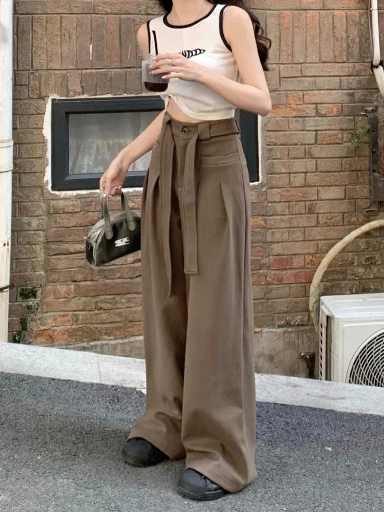 Waist Y2k Baggy Belt Pleated Wide Leg Sport Streetwear Pants