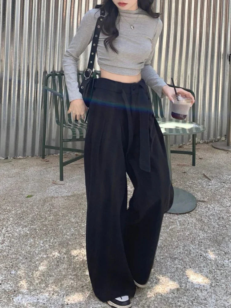 Waist Y2k Baggy Belt Pleated Wide Leg Sport Streetwear Pants