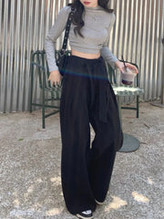 Waist Y2k Baggy Belt Pleated Wide Leg Sport Streetwear Pants