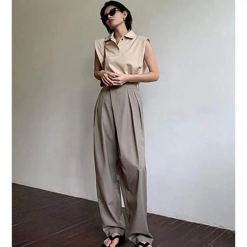 Khaki Wide Leg Pantsuit Classic Vintage Palazzo Office Elegant Trouser Work Pants