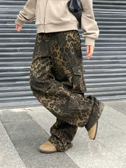Leopard Waist Cargo Jeans Y2k Vintage Pockets Wide Leg Denim Pants