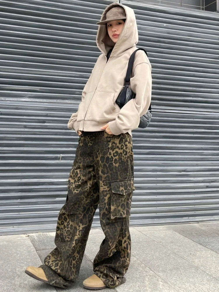 Leopard Waist Cargo Jeans Y2k Vintage Pockets Wide Leg Denim Pants