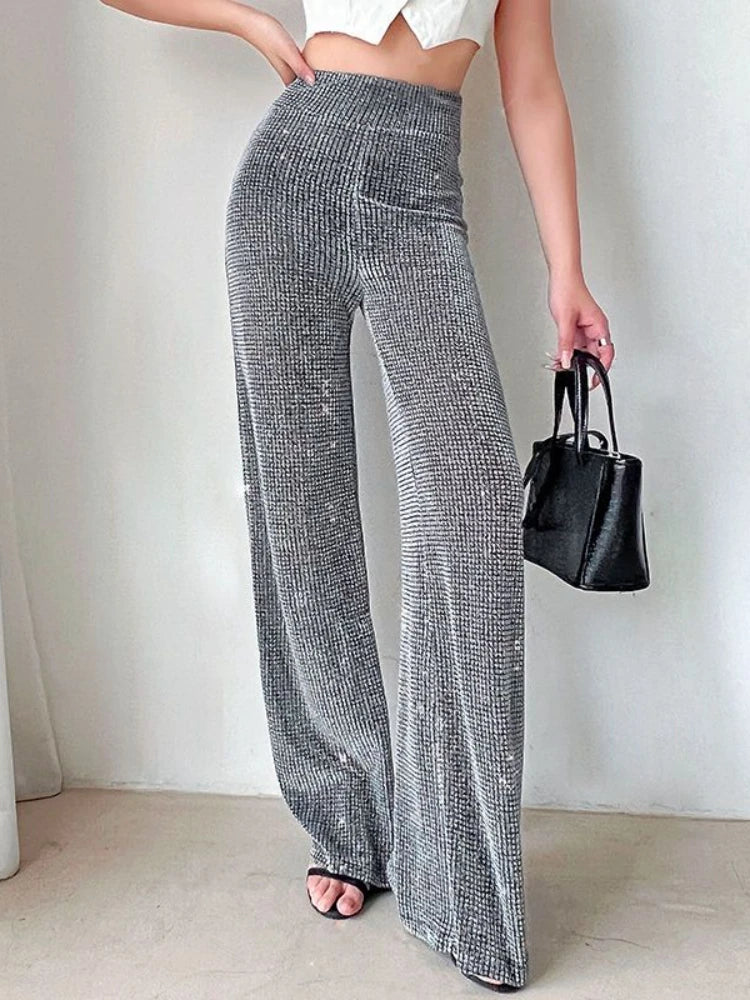 Vintage High Waist Stretch Wide Leg Glitter Rhinestone Bling Diamond Pants