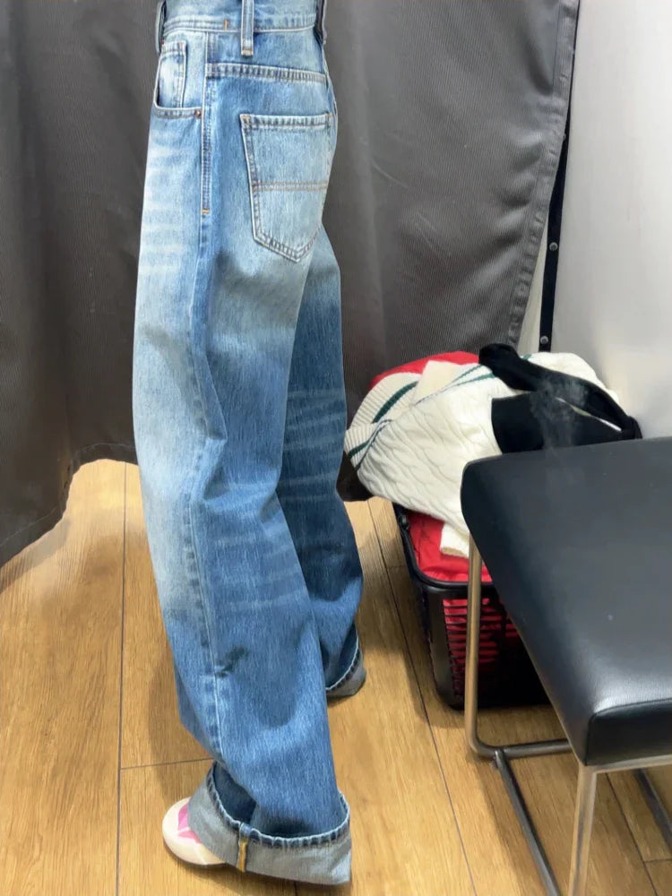 Retro Denim Blue Jeans High Waist Wide Leg Straight Y2k Pants