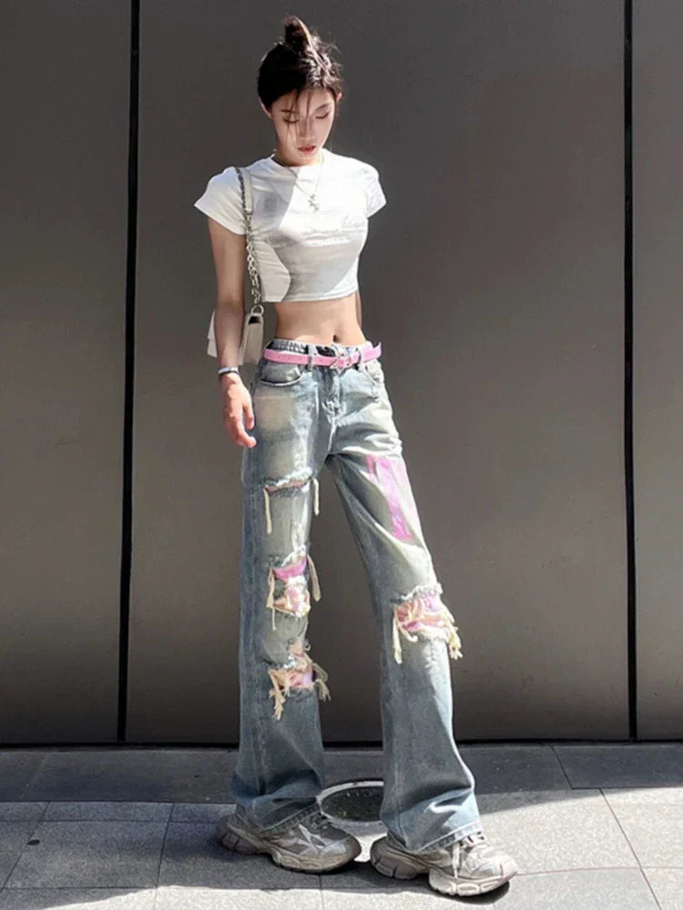 Ripped Jeans Baggy Vintage Wide Leg Straight Denim Pants