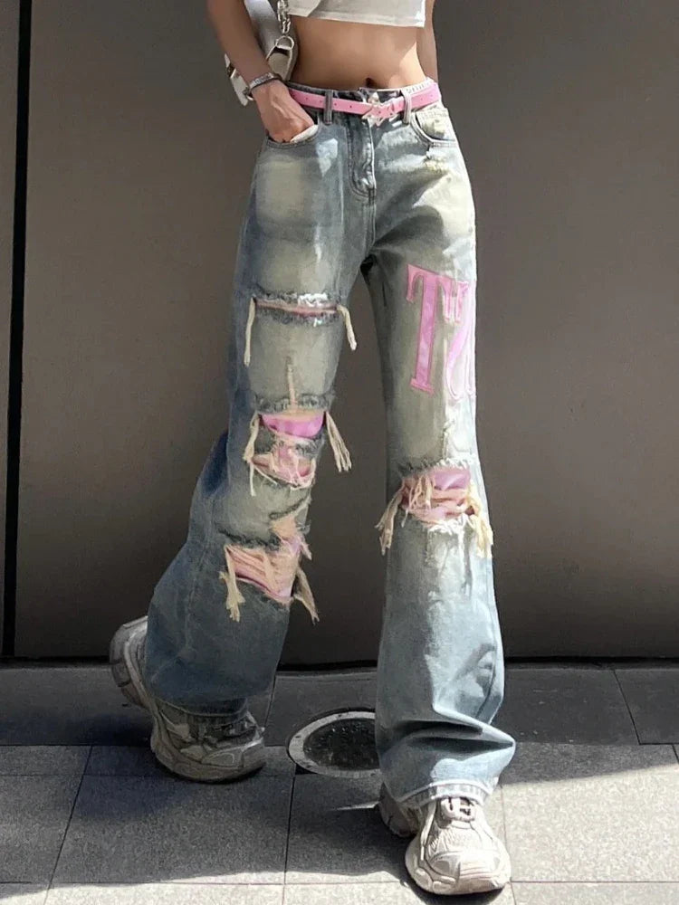 Ripped Jeans Baggy Vintage Wide Leg Straight Denim Pants