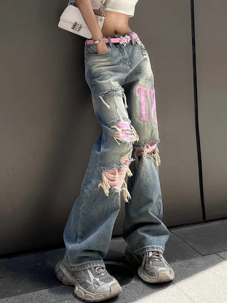 Ripped Jeans Baggy Vintage Wide Leg Straight Denim Pants