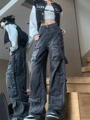 Fashion Multi-pocket Design Street Jeans Wide Legs Loose Washed Old Pants