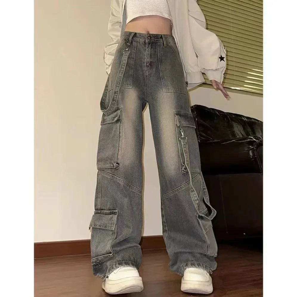 Fashion Multi-pocket Design Street Jeans Wide Legs Loose Washed Old Pants