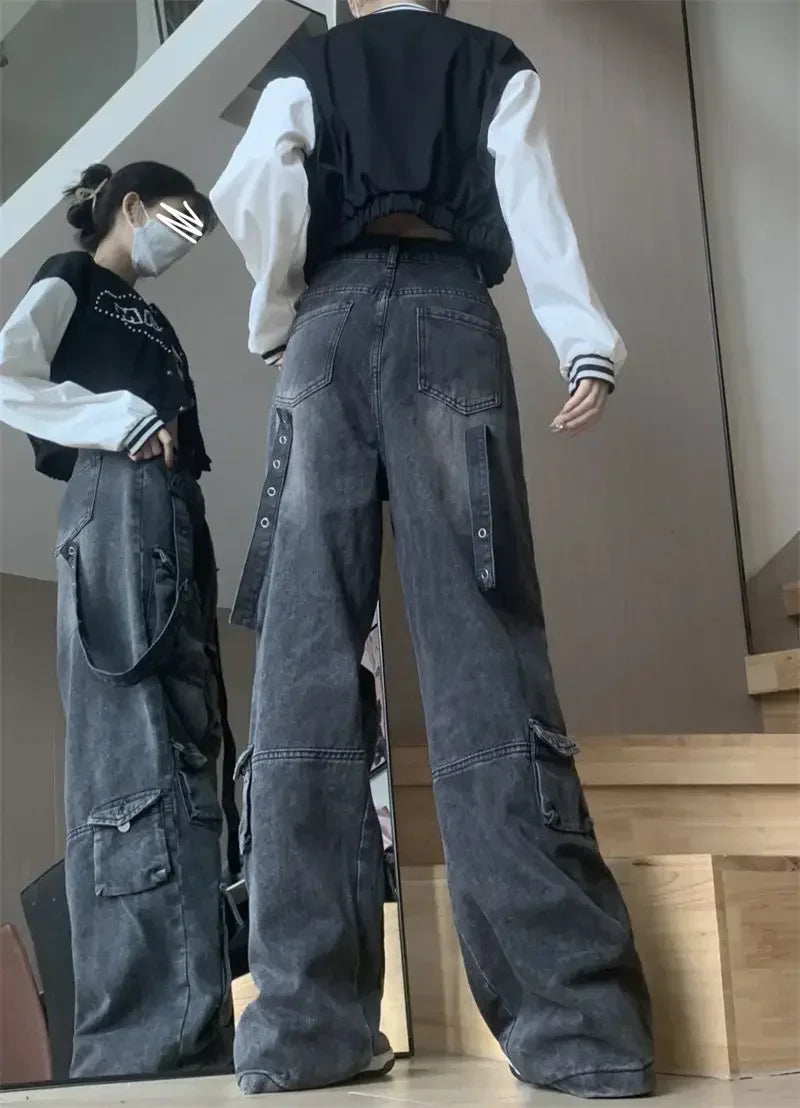 Fashion Multi-pocket Design Street Jeans Wide Legs Loose Washed Old Pants