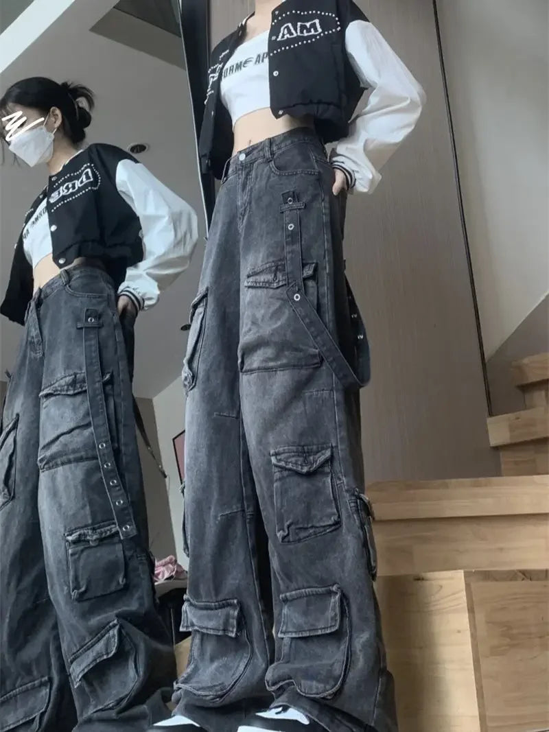 Fashion Multi-pocket Design Street Jeans Wide Legs Loose Washed Old Pants