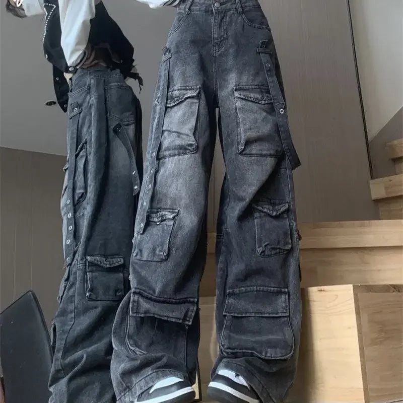Fashion Multi-pocket Design Street Jeans Wide Legs Loose Washed Old Pants