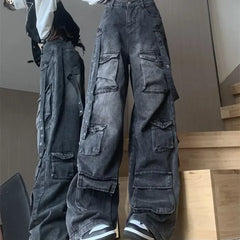 Fashion Multi-pocket Design Street Jeans Wide Legs Loose Washed Old Pants