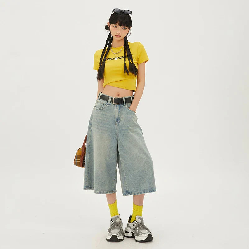 Wash Cropped Rise Denim Short Pants Wide Leg Straight Jeans