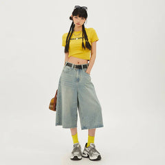 Wash Cropped Rise Denim Short Pants Wide Leg Straight Jeans